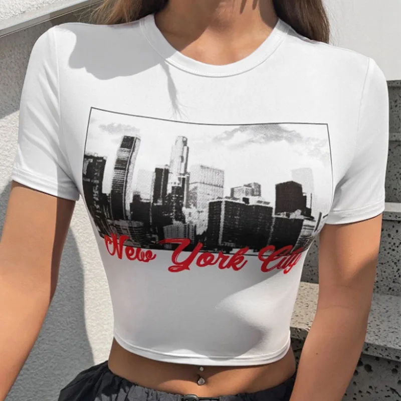 

Летняя футболка Y2K, женская уличная одежда с пейзажным принтом, женский топ с открытым пупком, эстетичная готическая футболка в стиле Харадзюку в стиле ретро