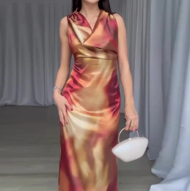 

Women's Elegant Dress 2025 Spring Summer Latest Fashion, with Drooping Pleats, V-Neck Satin Print, Skinny Maxi Dress, Long Skirt