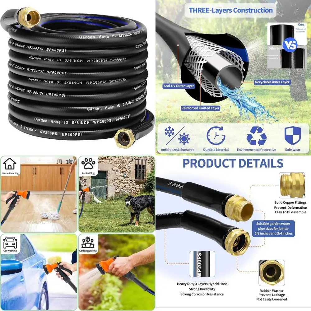 

Flexible Heavy-Duty 75-Foot Garden Hose with Copper Bullet, Collapsible, Washer, and Rubber Construction for Outdoor Watering Ne