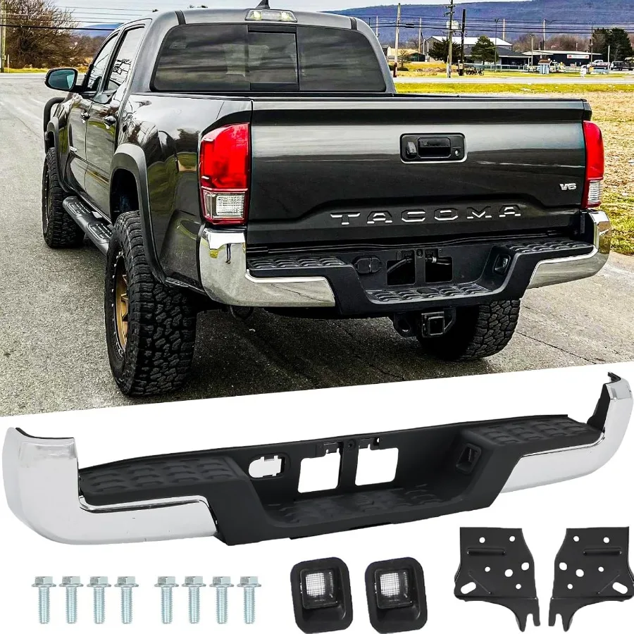 مجموعة المصد الخلفي الصلب لـ 2016-2023 Toyota Tacoma 3rd Gen بدون ثقوب مستشعر الحديقة استبدال المصد الخلفي من الكروم fo