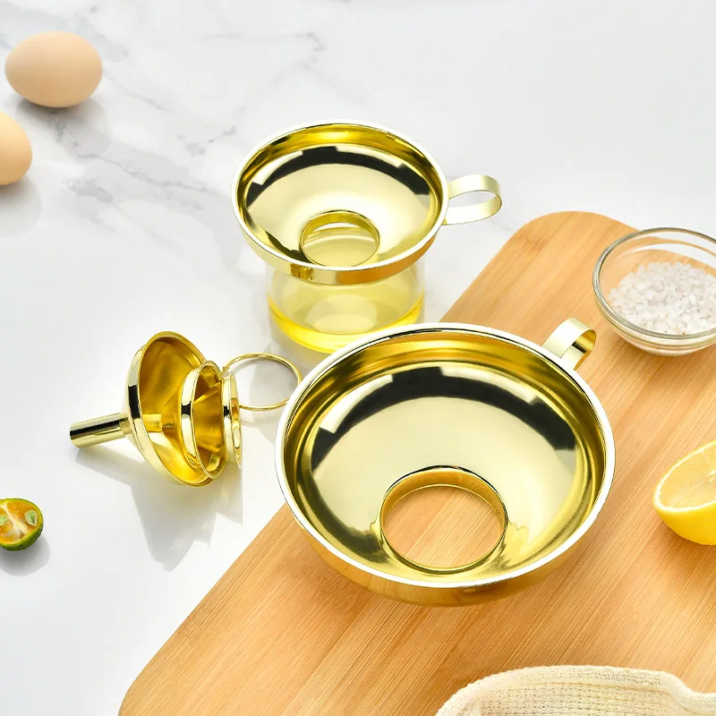 

Золотистая воронка из нержавеющей стали с широким горлышком для домашнего использования, малокалиберный фильтр-воронка, инструмент для заливки с большим калибром горловины