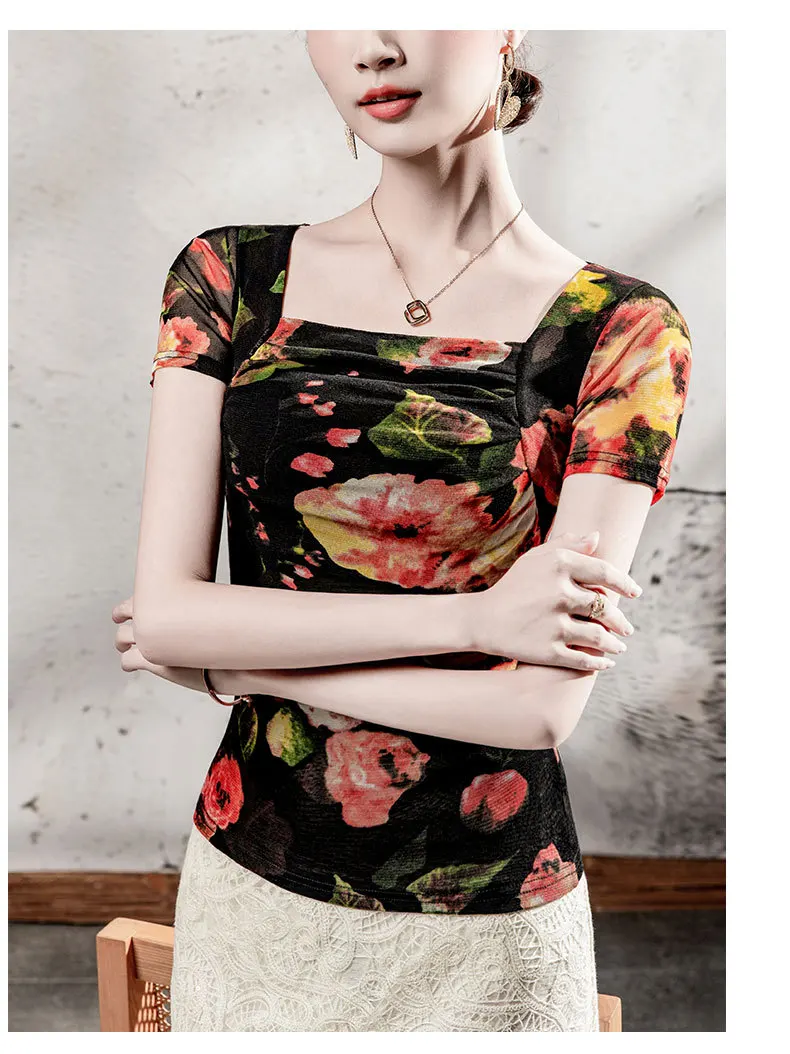 MadBlack-Women's European T-Shirt, Sexy Square Collar Print, Streetwear Short Sleeve Slim Mesh S-3XL Tee, 2025 Summer T56709CC