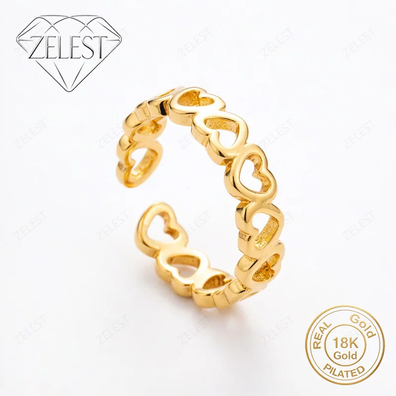 

925 Sterling Silver 18K Gold Plated Open Beautiful Hollow Heart Ring Women Fashion Party Accessories Gift Jewelry