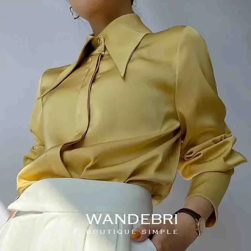 New Fashion Turn Down Collar Women\'s Blouse Button Up Satin Silk Women Shirts White Office Woman Tops Yellow Clothes 16946