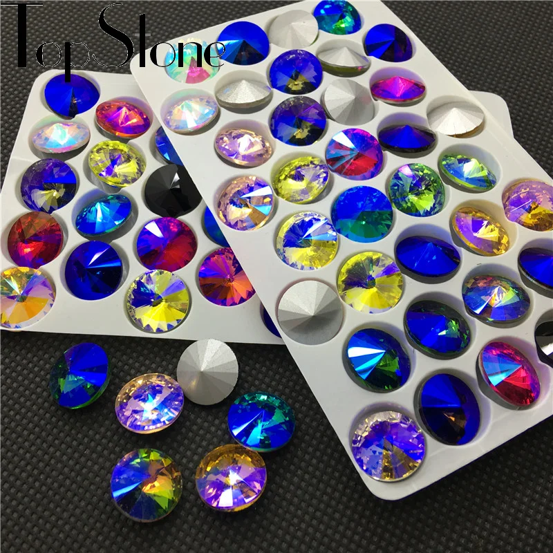 TopStone Colors AB Rivoli Fancy Stone Size 6mm ~ 18mm Round Pointback Glass Crystal Rhinestones for Jewelry Making