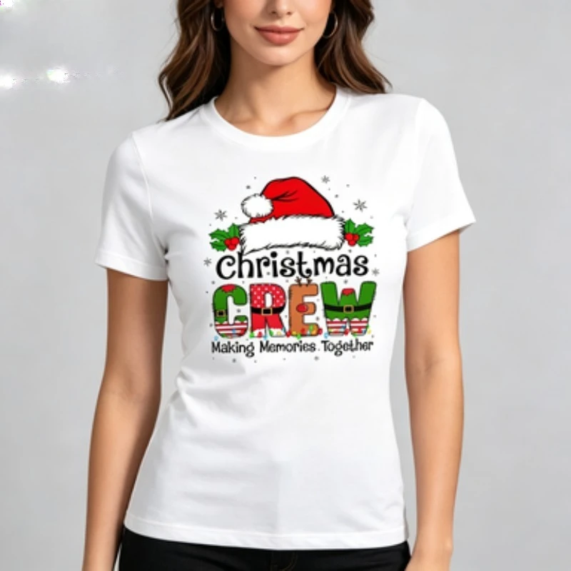 Female Standard Fit Modal T‑Shirt Round Neck Christmas Crew Graphic Print Santa Hat Holly Design Short Sleeve Holiday Party