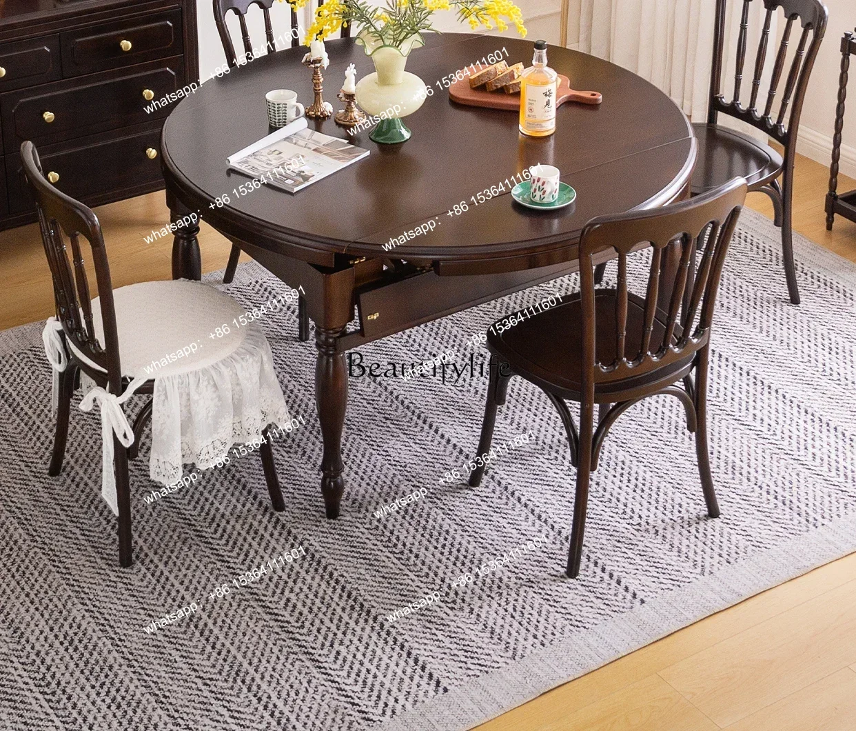 

French retro solid wood folding dining table rectangular retractable round table and chair combination household small apartment