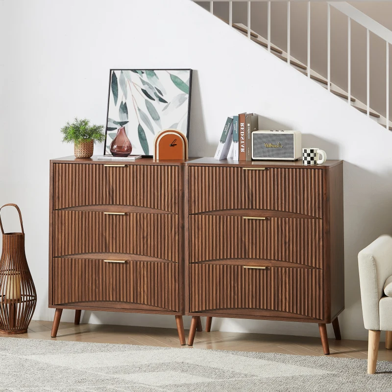 Bedroom Dresser, 3 Dressers with Wavy Curved Drawers, Children's Room, Living Room, Wood Chest of Drawers, Walnut