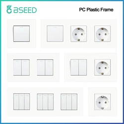 BSEED Mechanical Button Switch 1/2/3Gang 1Way Plus Wall Socket Power Outlets Plastic Panel Wall Light Switch On Off