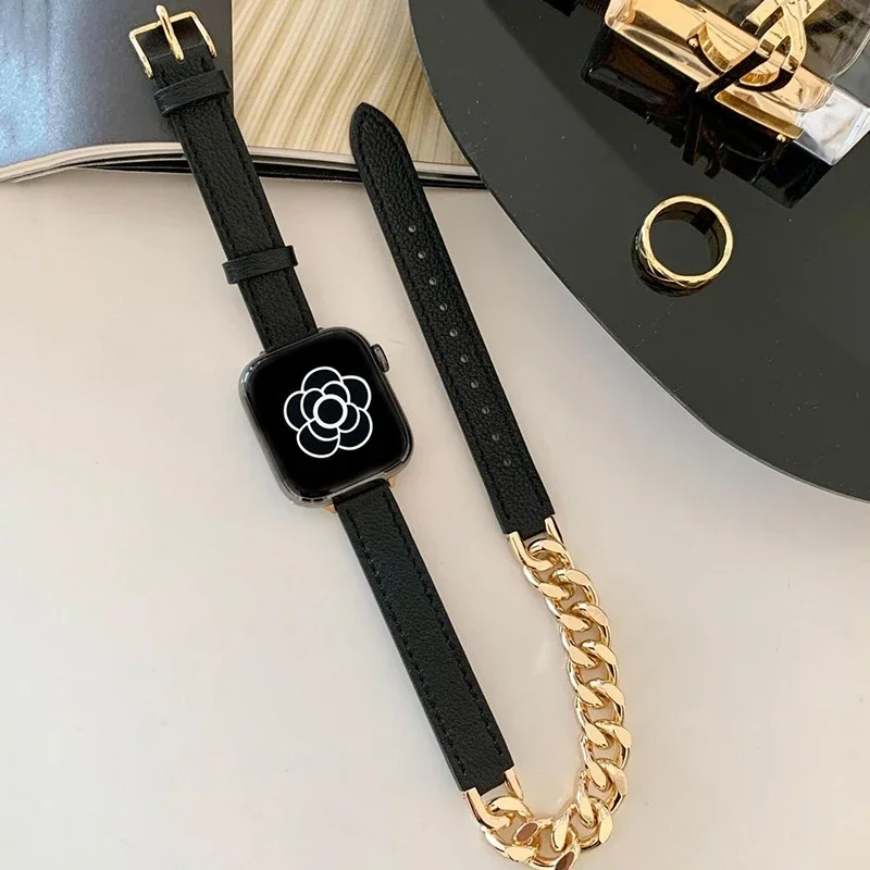 حزام من الجلد لساعة أبل 38 مللي متر 40 41 42 44 45 46 49 مللي متر سوار نسائي نحيف لسلسلة iWatch 10 9 8 7 se 6 5 4 3 Ultra 2