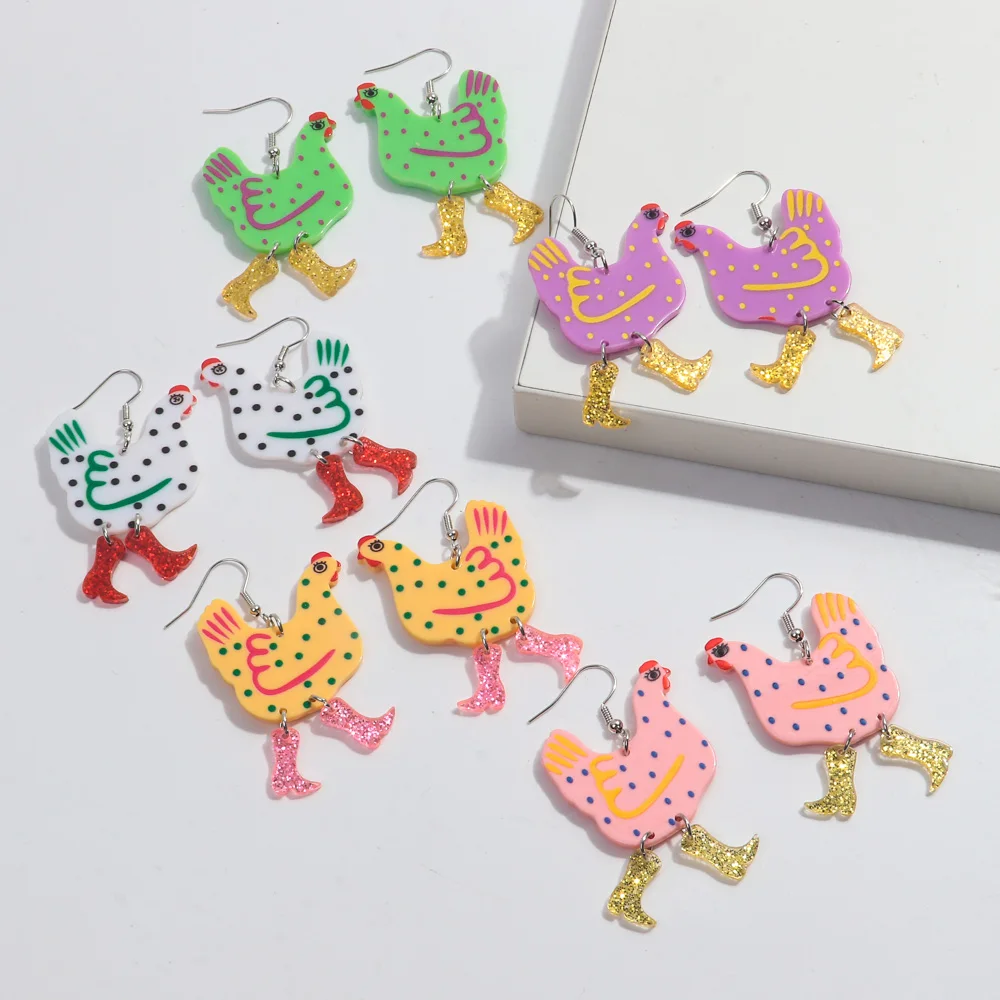 Funny Acrylic High Heels Hen Dots Pendant Earrings for Women Girls Cartoon Animal Printing Chicken Drop Earrings Jewelry Gifts