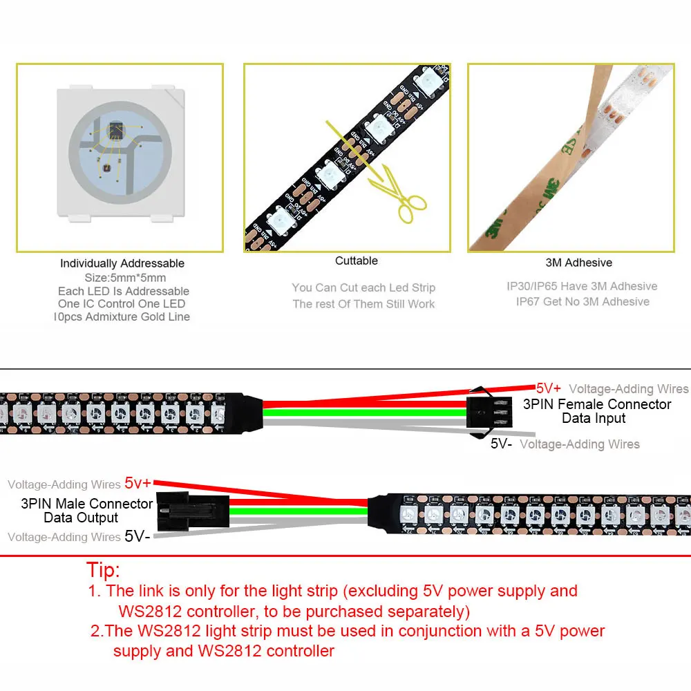 DC5V WS2812 Led Strip Light.WS2812B Individually Addressable RGB LED Light 30/60/74/96/144Leds/m Black White PCB IP30 IP65 IP67