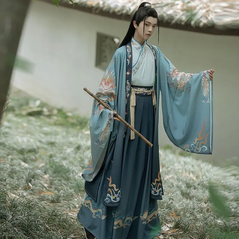 Spring blue Hanfu for man printed large wide sleeve Chinese style chivalrade students daily performance Chines traditional dress