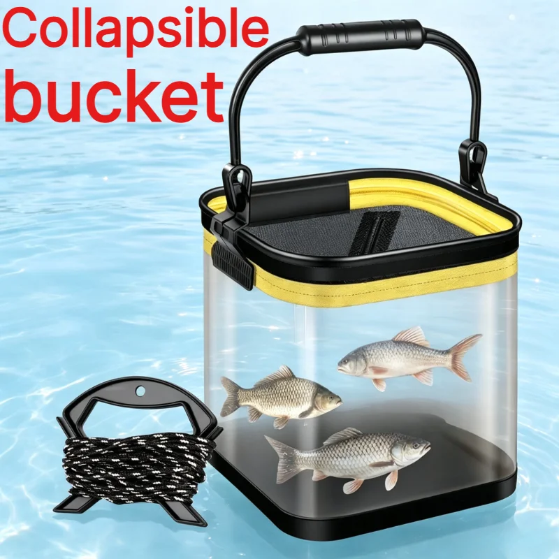Portable Foldable Transparent Fishing Bucket Live Fish Container Collapsible Water Pail Outdoor Camping Fishing Bait Bucket