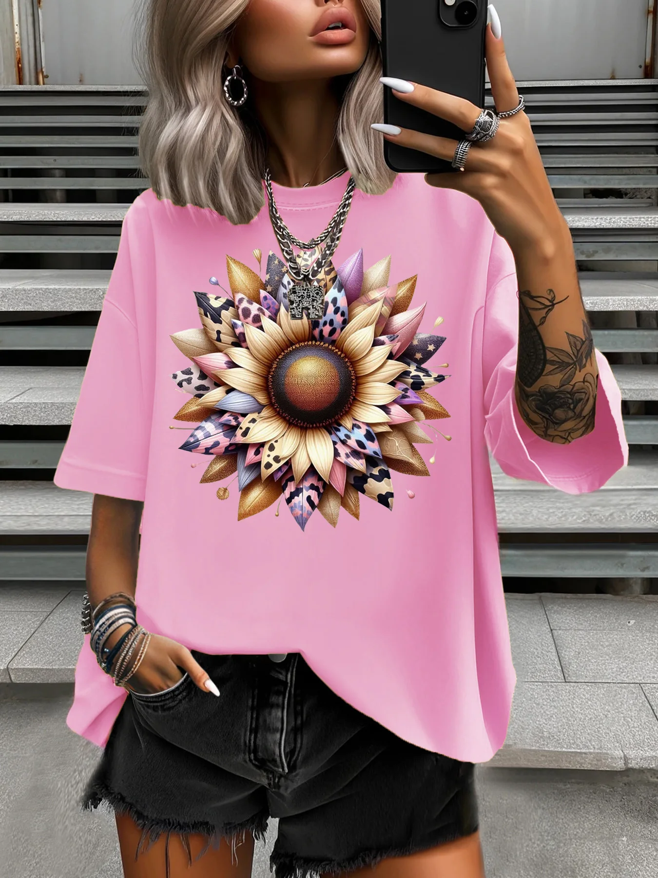 

Летняя женская футболка больших размеров, оригинальный дизайн, модные женские повседневные топы с леопардовым принтом подсолнечника и круглым вырезом с короткими рукавами