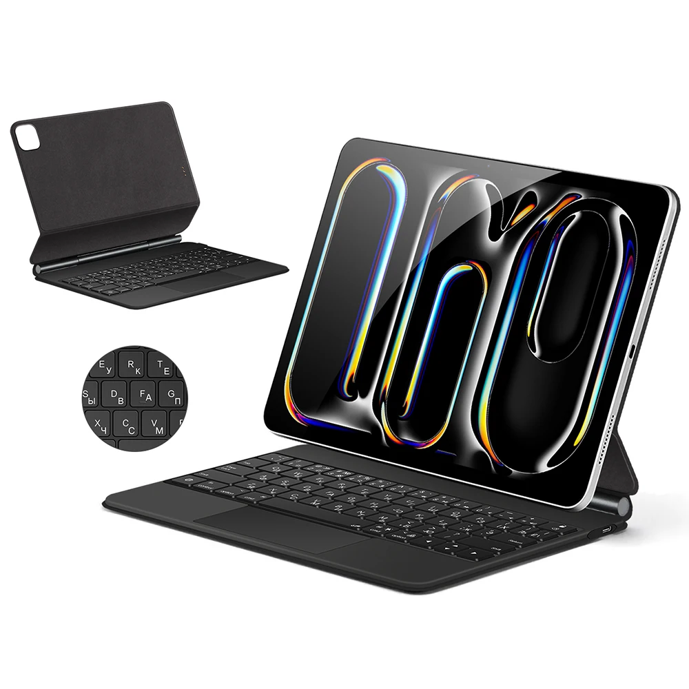 For iPad Pro 13 (2025) / 13 (2024) Smart Pogo Pin Direct Connection Keyboard (Russian Layout) + Leather Tablet Case - Black