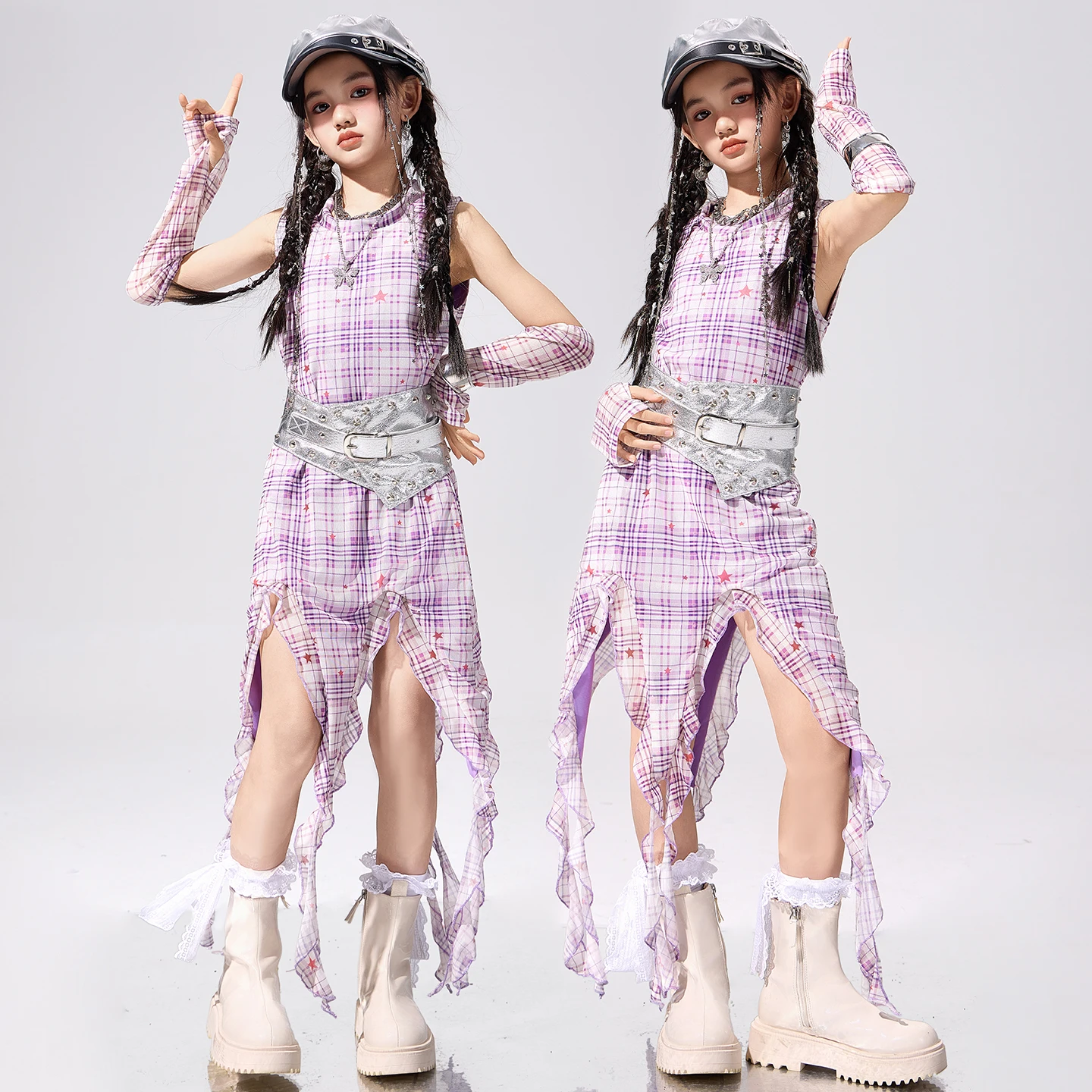 

Детская одежда в стиле хип-хоп Kpop, фиолетовое клетчатое платье на бретелях, уличная одежда в стиле хип-хоп для девочек, нерегулярное платье, групповая одежда для уличных танцев