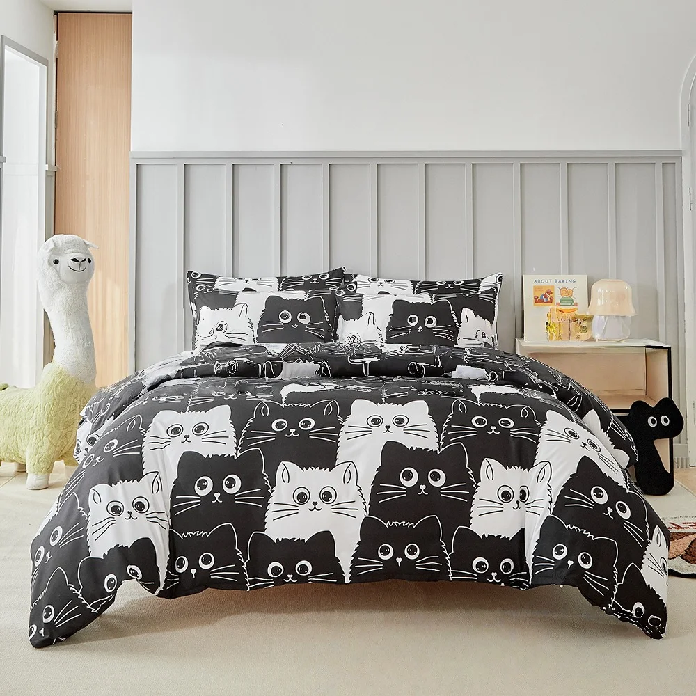Cute Cat Printed Duvet Cover Twin Queen 2/3 Pieces Student Dorm Bedding Set Comforter Cover Set with Pillowcase Soft Quilt Cover
