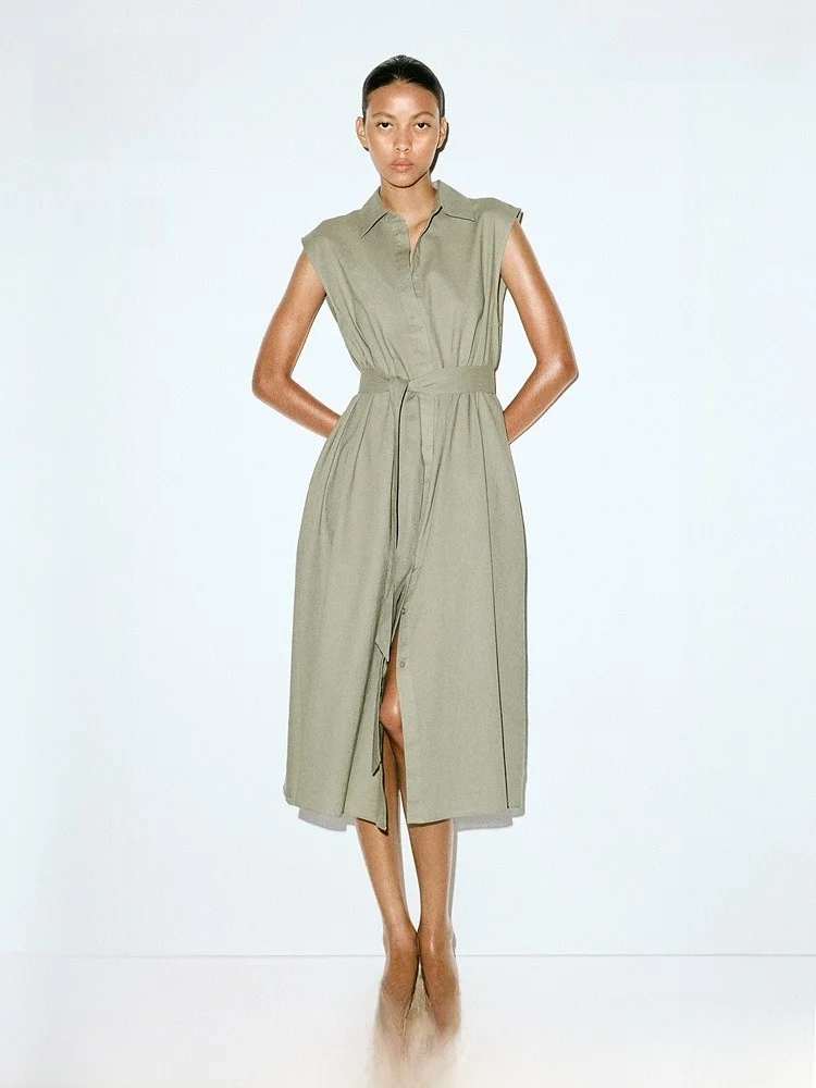 

H&M Women's irt Dr Svel Mixed Linen Casual Mid-Length Summer Dr Pure Color Striped Pattern Flip Collar Dr