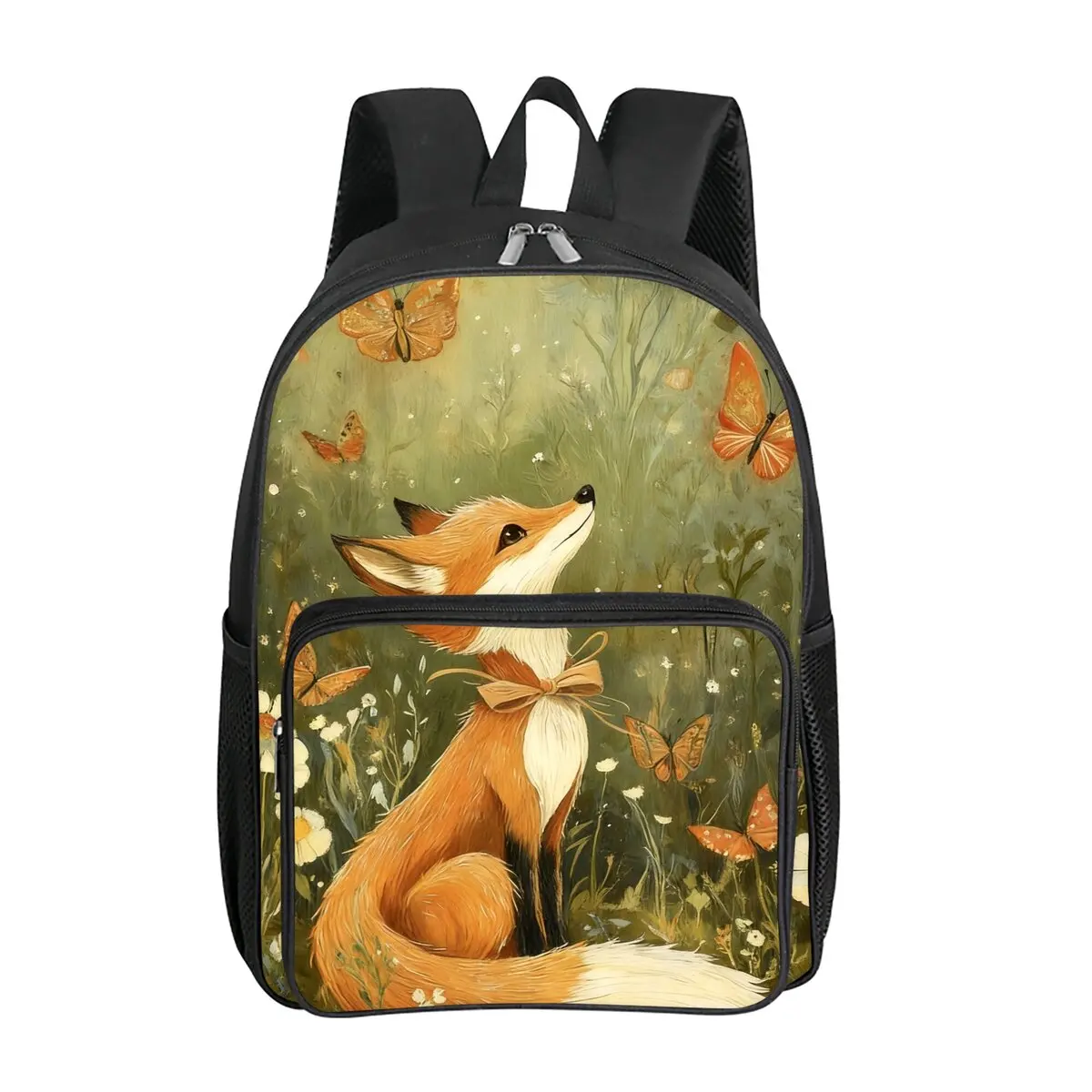 Cute Fox Pattern Square Front Pocket Backpack Zipper Large Capacity for Boys Girls Best Gift 3D Cartoon Children's School Bag