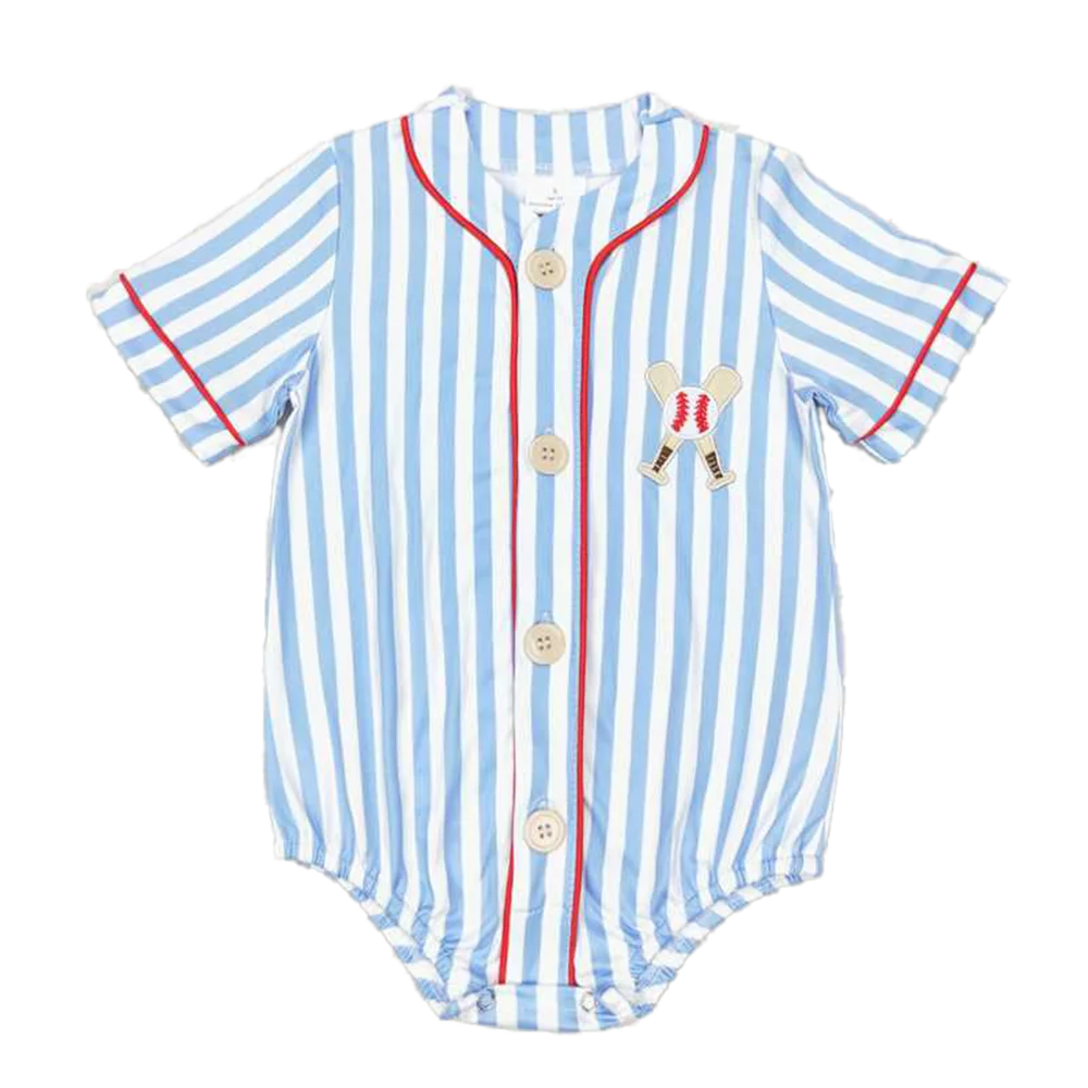 

SR1459 Baby Infant Boys Blue Stripes Baseball Summer Rompers
