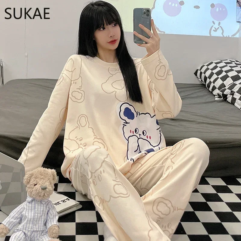 SUKAE Spring Autumn Long Sleeves Women Cotton Pajamas Sets Cute Cartoon Dinosaur Sleepwear Young Lady Homesuits Casual Pijamas