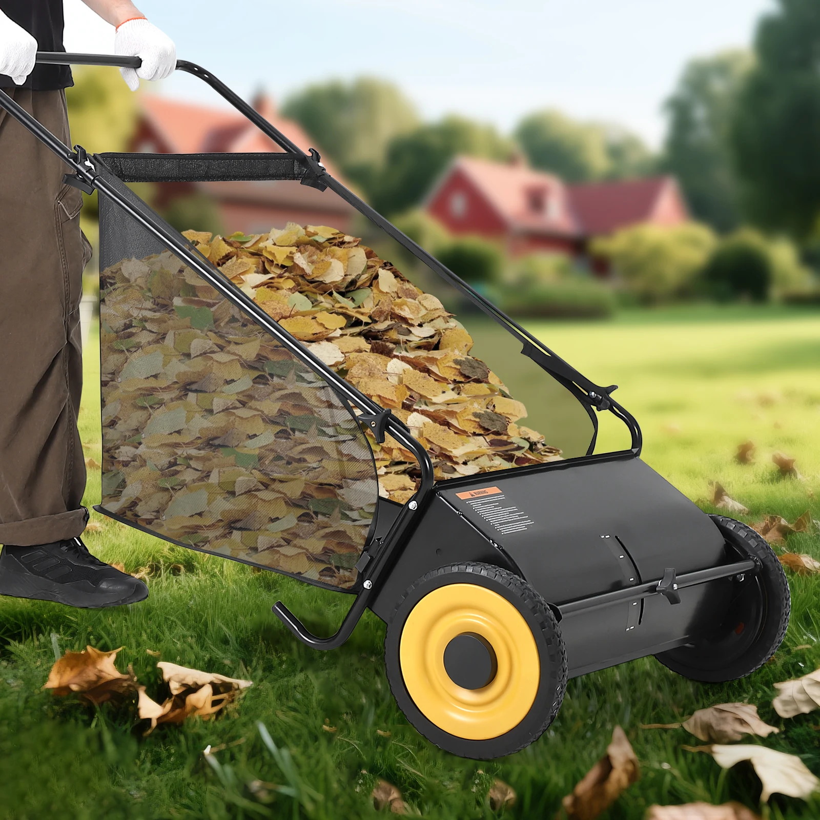 26-Inch Push Lawn Sweeper – 7 Cu.Ft Large Collection Bag, 4 Reinforced Spinning Brushes, Adjustable Height, Durable Steel Frame, Manual Yard and Lawn Debris Collector