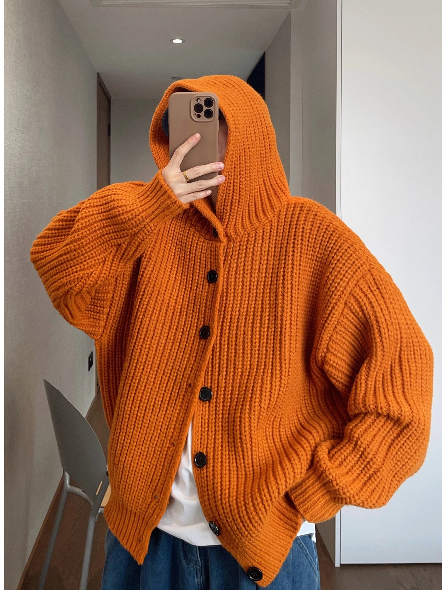 

Extra Large 300 Pou Men's Winter Vintage Lazy Heavyweight Hooded Thi Knit Button Sweater Loose Outerwear Casual American...