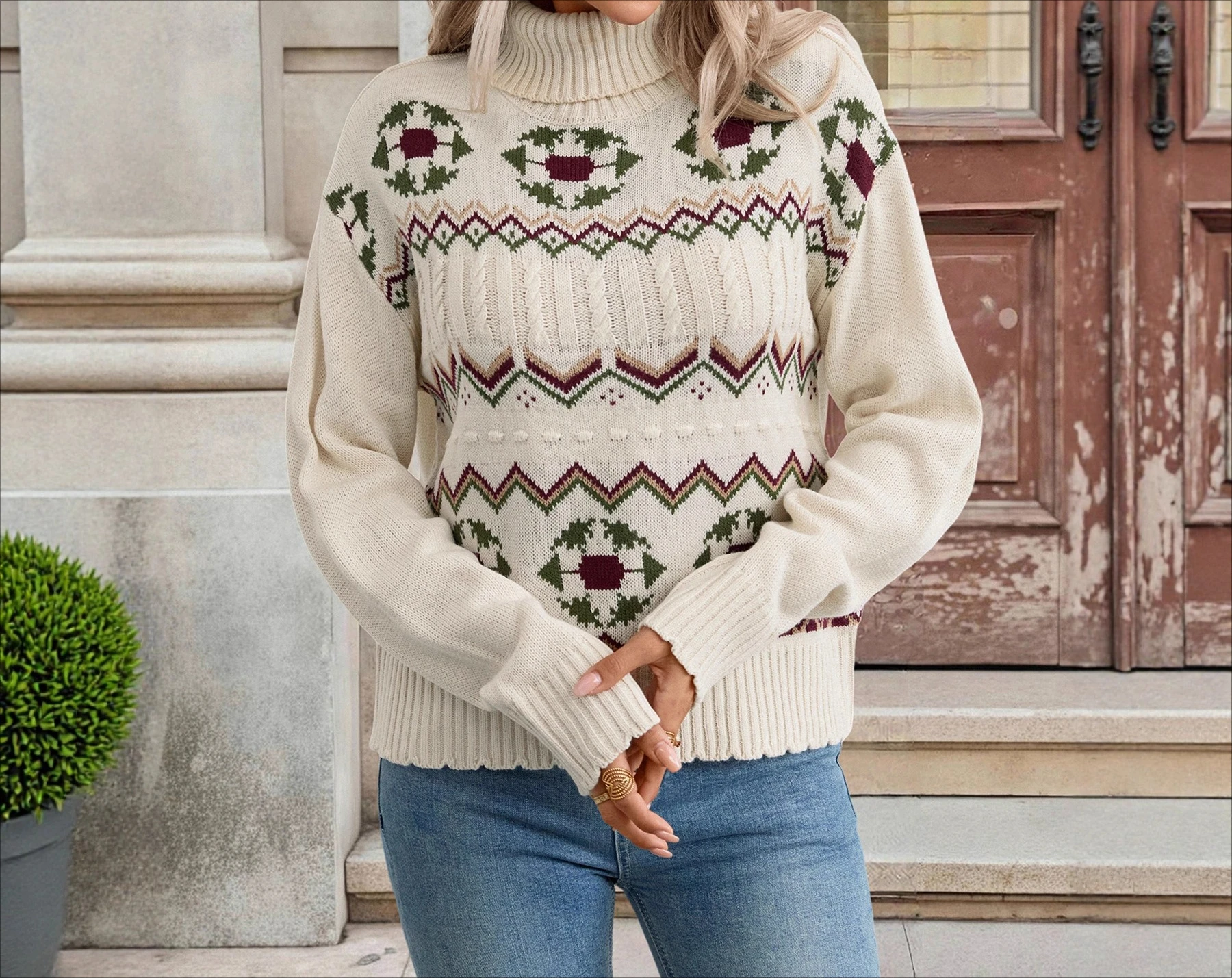 

2025 Winter New Pattern High Collar Hoodie Sweater Fresh and Sweet Rural Style Sweater for Women