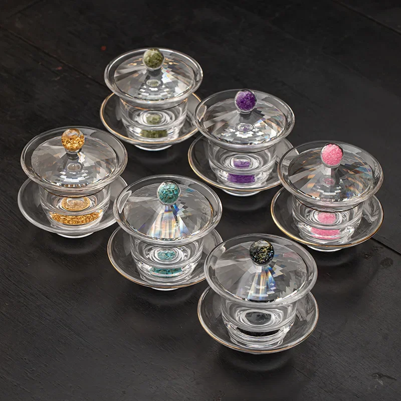 Gold foil three cover bowl large capacity Chinese heat-resistant crystal glass turquoise thickened high-end tea bowl