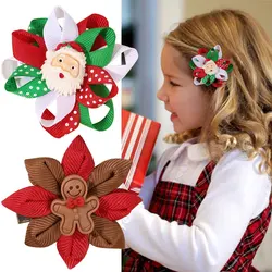 2PCS Santa Claus Hair Clip Boutique Ribbon Flower Kids Hairpin Christmas Gingerbread Man Hair Accessories Girls Hair Bang Clip