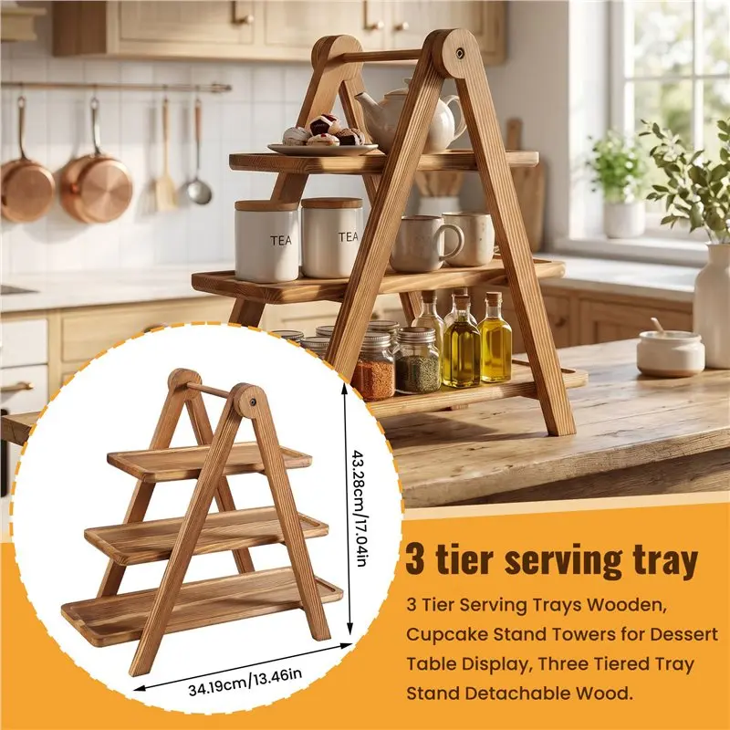 FLYY-3-stufige Servierplatten aus Holz, Cupcake-Ständer für Desserttisch-Präsentation, dreistufiger, abnehmbarer Holzständer – Detail 6