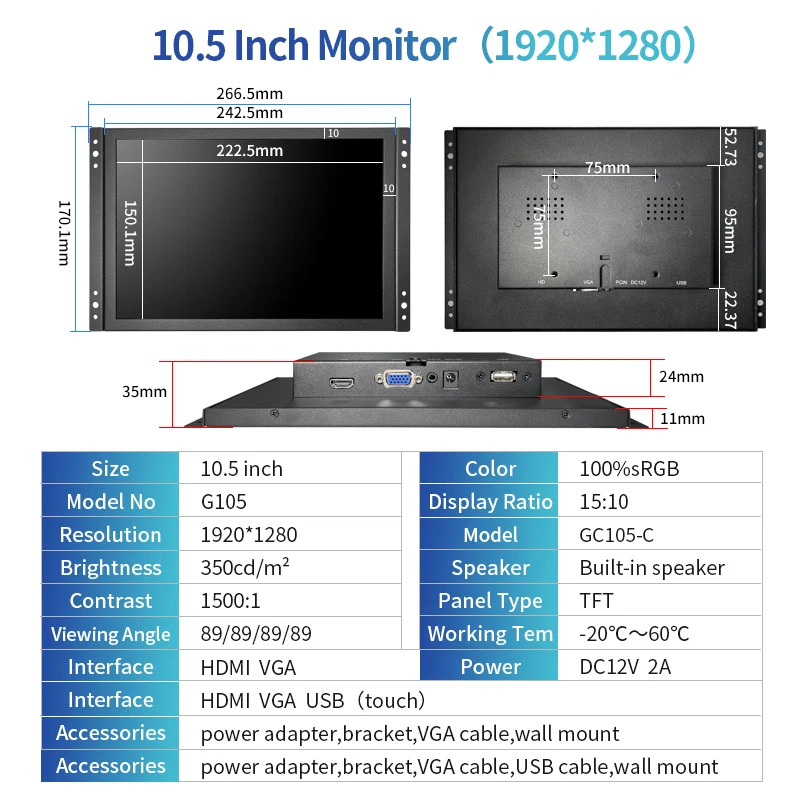 Imagem -06 - Zhixianda-touch Display Lcd Industrial Monitor de Frame Aberto Tela de Toque Capacitivo Hdmi Vga Interface Usb 10.5 1920x1280