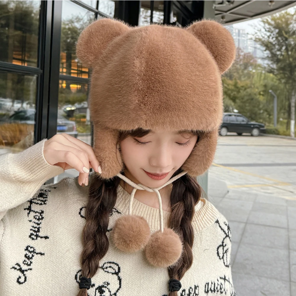 

HT4523 Fur Hat New Cute Ears Winter Hats for Women Bomber Hat Thick Warm Snow Ski Trapper Earflap Cap Ladies Riding Russian Hat