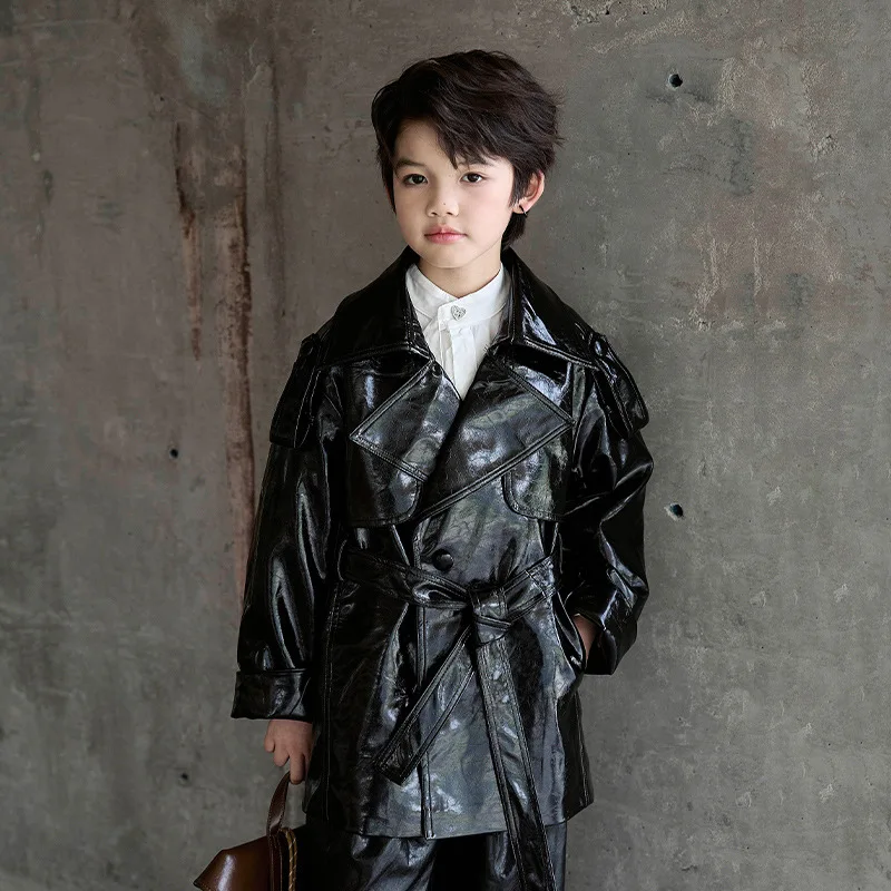 Boys Girls Wine Red Black Motorcycle Nanopi Pu Leather Jacket Children Waterproof Windproof Coat Kids Street Photography Wear