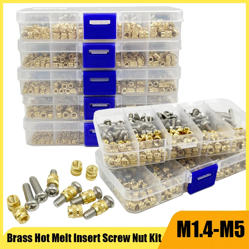 

M1.4 M1.6 M2 M3 M4 M5 Brass Hot Melt Insert Knurled Nut and Stainless Steel Screw Kit Insert Nut Thread Knurled Embedment Nut