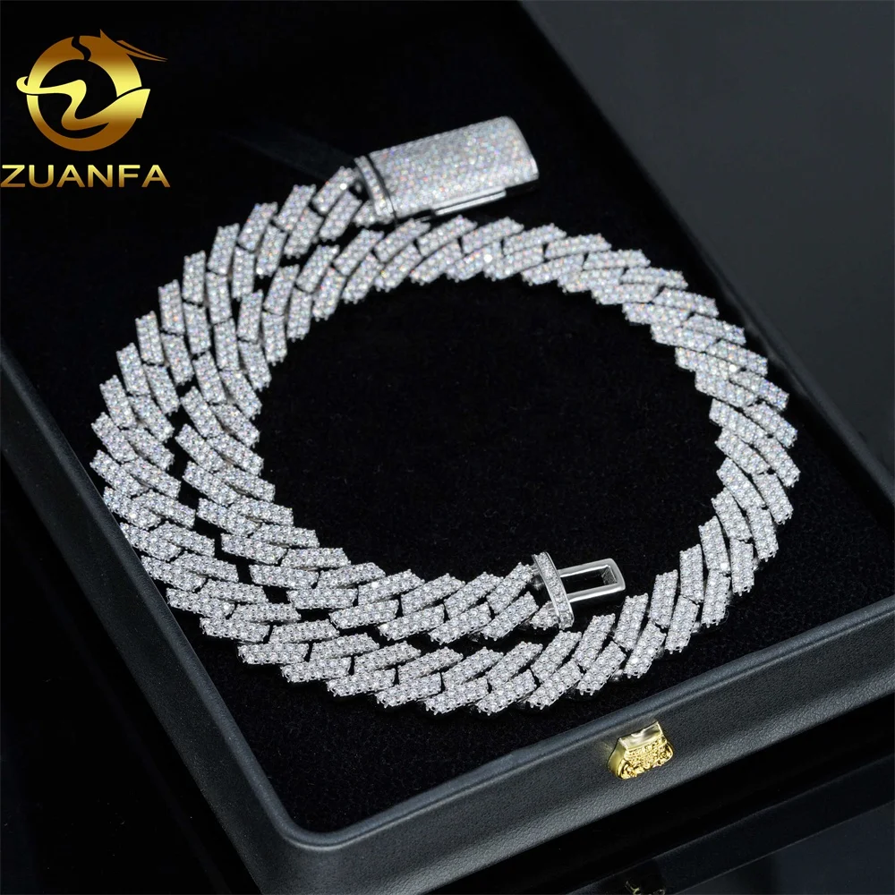 Zuanfa Fine Jewelry Hip Hop Iced Out Cuban Link Necklace 13mm 2 Rows Thick Solid 925 Silver VVS Moissanite Cuban Chain