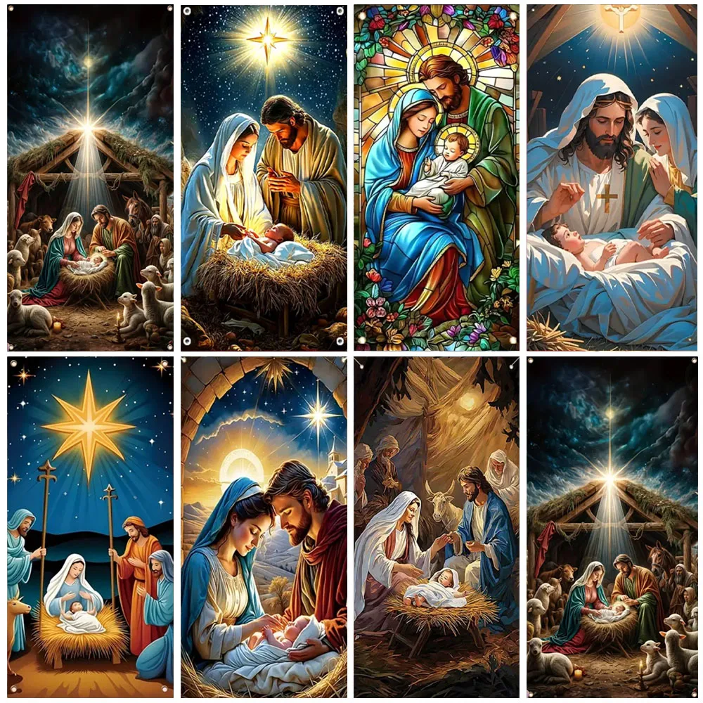 

Nativity Jesus Born in the Manger Backdrop Festivel Christianity Door Banner Religion Supplies Door Hanging ClothVinyl Material