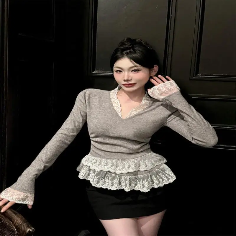 

Simple Style Spicy Girl Lace Long Sleeved T-Shirt Autumn and Winter Style Ashionable Shopping Commuting Trendy Clothes To Wear