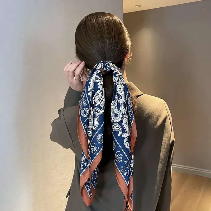 ربيع الخريف رقيقة الكورية نمط Ins مطبوعة هندسية وشاح الحرير جديد تنوعا الحجاب حقيبة التفاف وشاح حريري الزخرفية #5