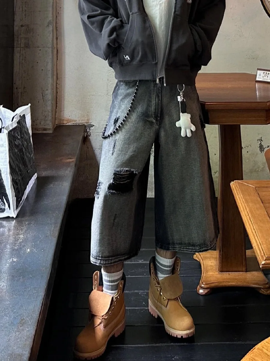 

American High Street Dark Gradient Hole Denim Shorts Men Summer Hip Hop Loose Wide Leg Seven Foot Pants Casual Jeans