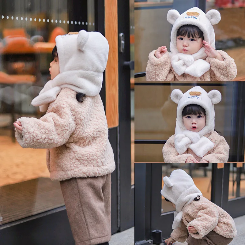 겨울 아기 플러시 스카프 모자 일체형 따뜻한 헤드기어 귀여운 곰 아이들 귀 보호 캡 1-5세 어린이 크로스 넥커치프 비니