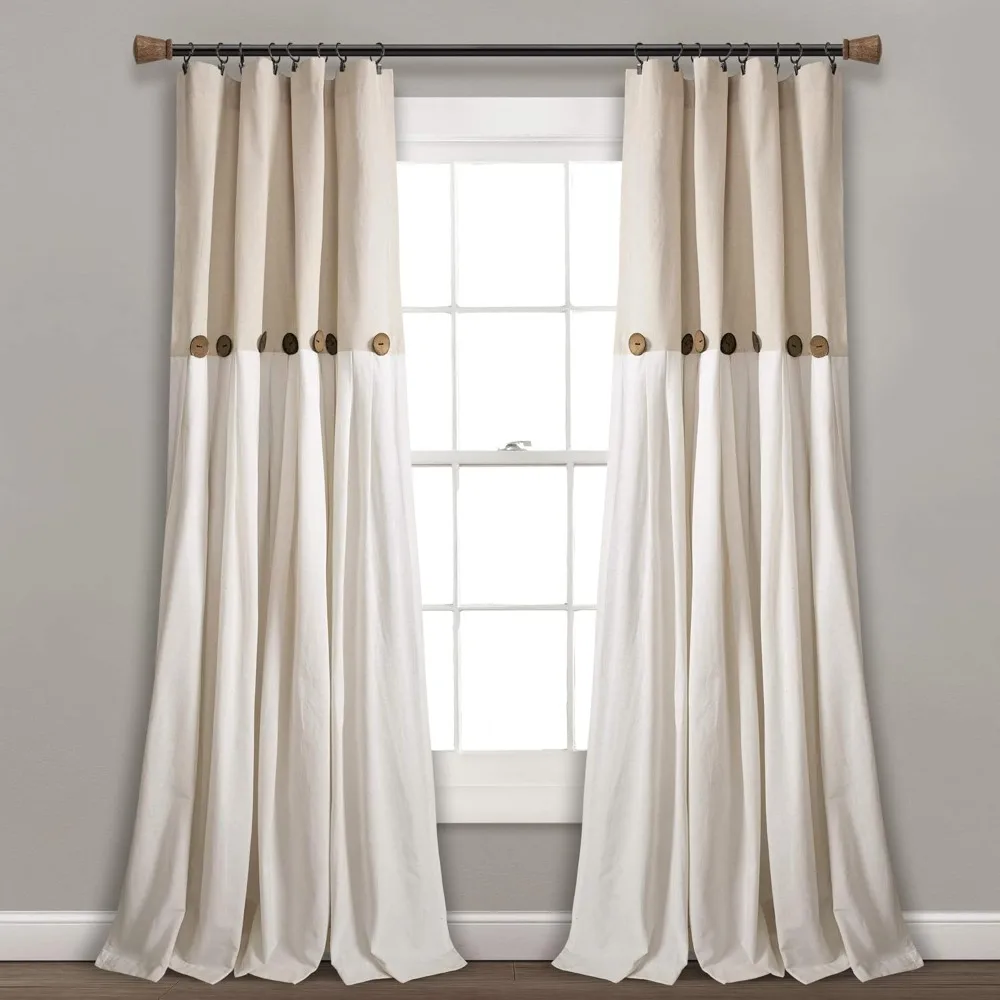 Linen button curtain panels, rustic curtains, rustic décor, color block modern farmhouse curtains for living rooms and bedrooms