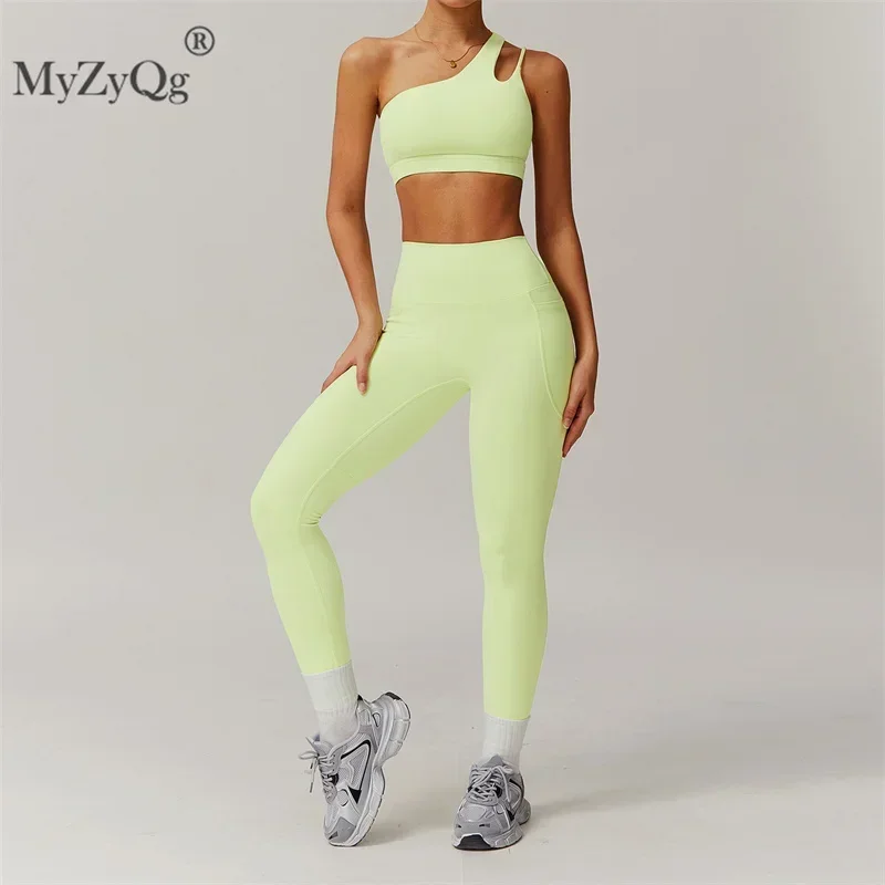 MyZyQg Summer Quick-drying Nude Sports Yoga Bra Pockets Leggings Set High Waisted Tight Breathable Running Fitness Pant Sets