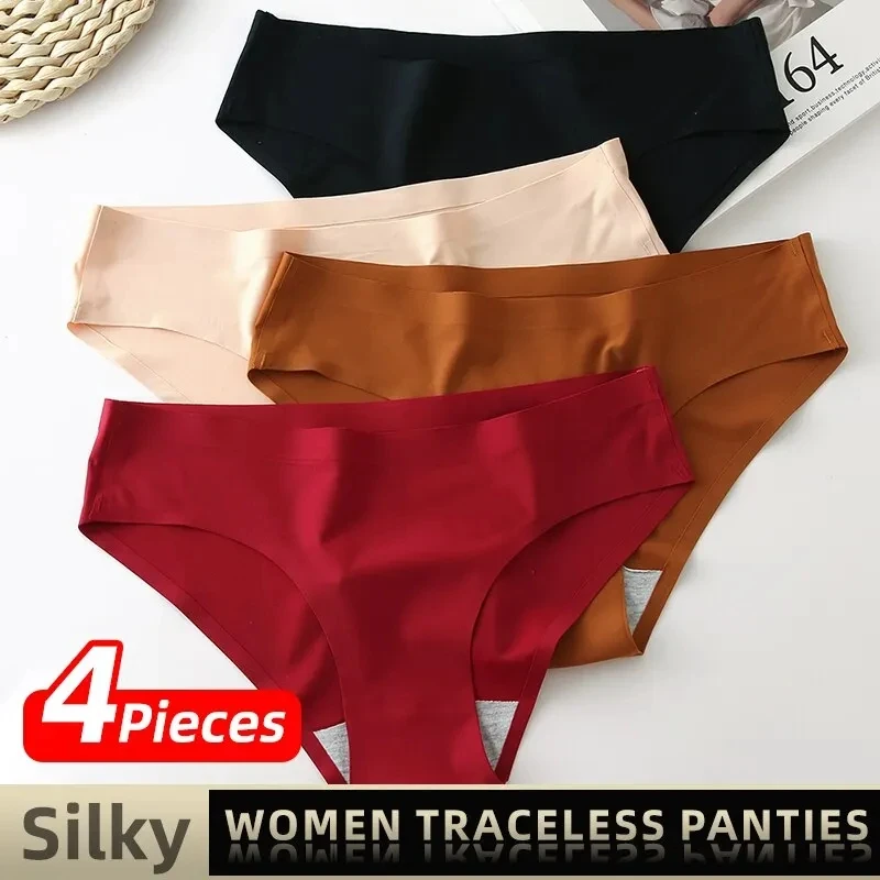 4Pcs/Lot Sexy Panties Women Seamless Underwear Ice Silk Briefs Girls Solid Color Pantys Plus Size Underpants Female Lingeries