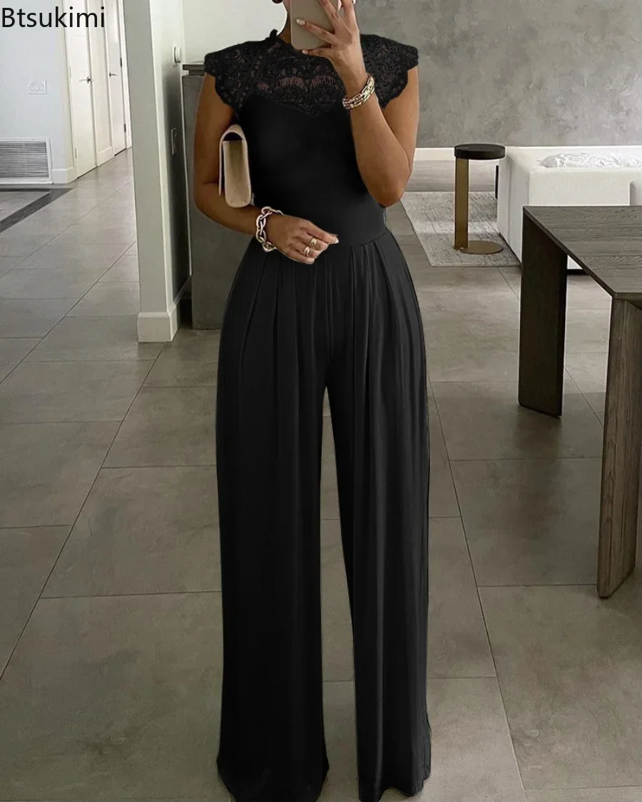 New 2024 Women\'s Summer Casual Jumpsuit Solid Sexy Hollow Out  Elegant Jumpsuits for Girls Wide Leg Sleeveless Rompers Outfits