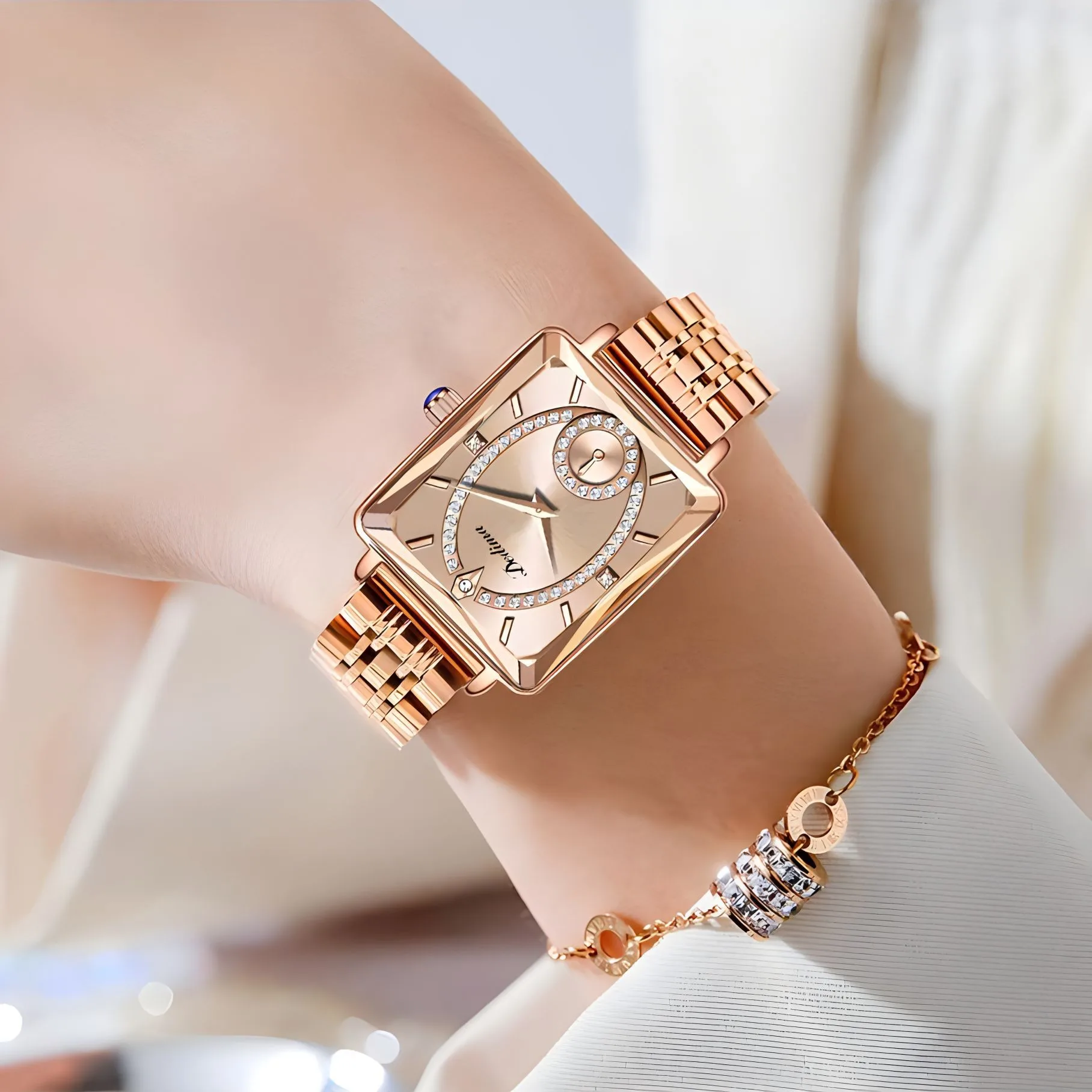 Reloj de cuarzo con tira de acero resistente al agua y esfera azul de lujo para mujer, reloj de negocios a la moda con diamantes de imitación, reloj femenino