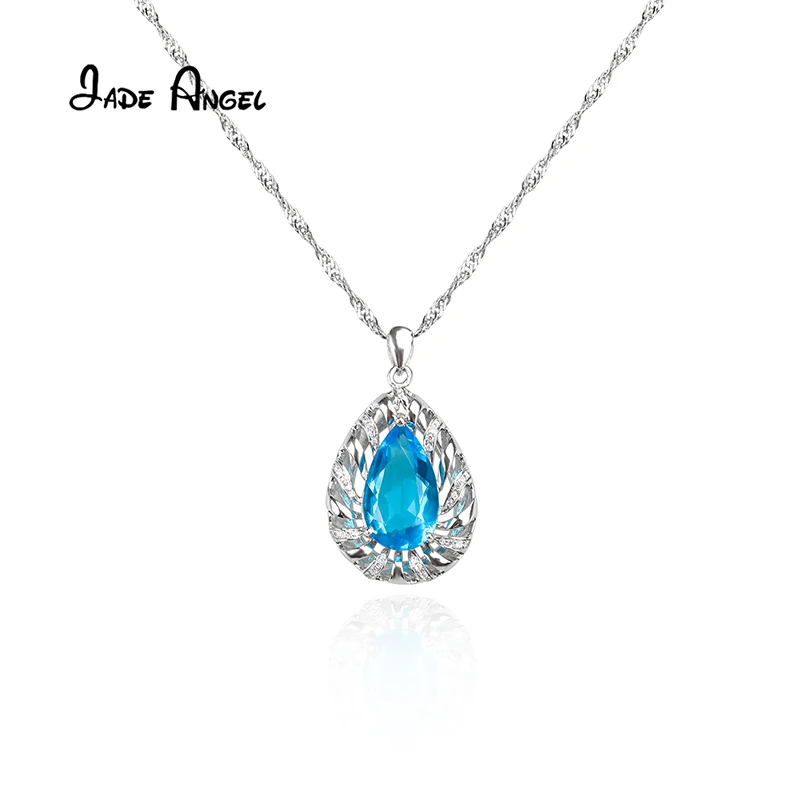 JADE ANGEL Solid 925 Sterling Silver Necklace Hollowed-out Lace Pendant With Drop-shaped Blue Zircon Women's Luxury Jewelry