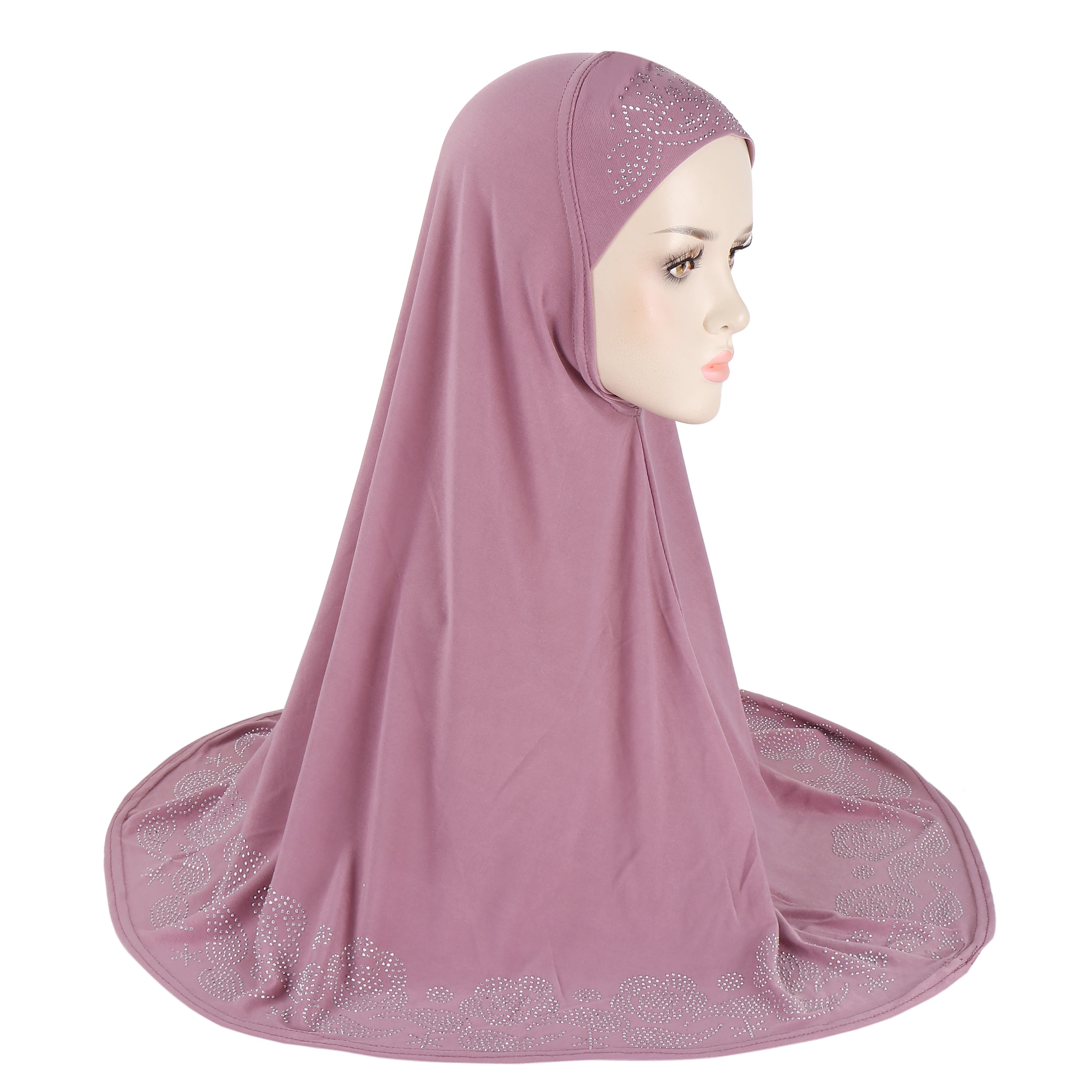 H407 Adults Big Size Muslim Hijab Scarf With Flower Rhinestones Islamic Headscarf Hats Armia Pull on Headwrap Bonnet