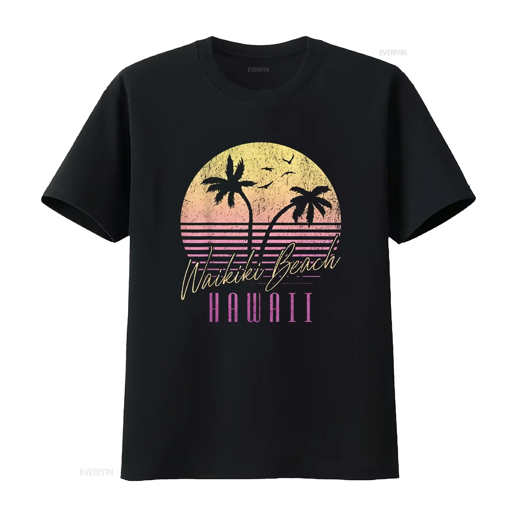 Waikiki Beach Oahu Hawaii Hawaiian Tropical Sunset T Shirt vintage Washed Casual Breathable streetwear fashion graphic